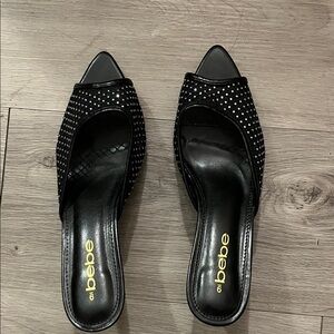 Bebe Black Rhinestone Mules